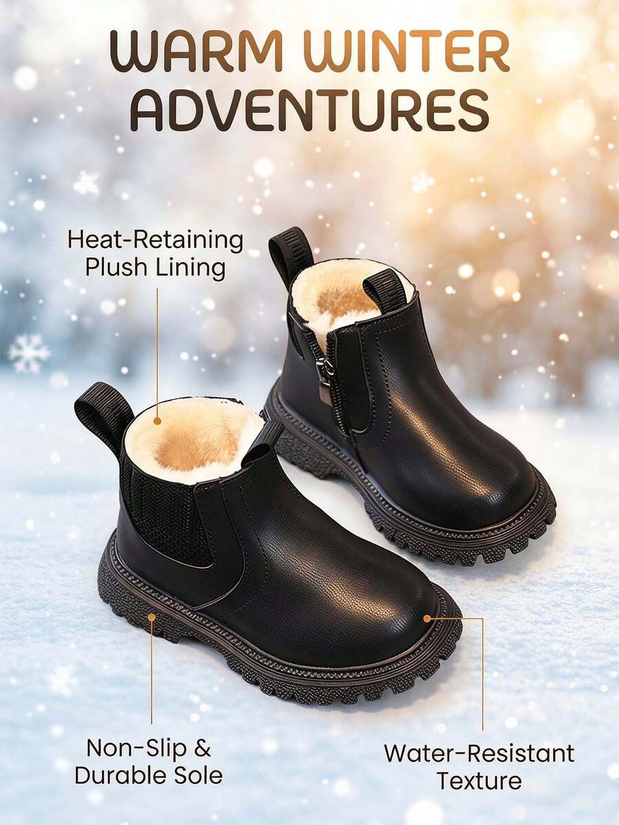 Unisex Toddler Winter Boots, Thick Fleece Lining Warm Ankle Boots, Non-Slip Wear-Resistant Sole, Children's Chelsea Boots - Black - View 1