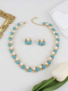 Set de 3 piezas de joyas con baño de oro, perlas falsas y cristales azules, incluyendo collar y aretes, ideal para el Día de San Valentín, Día de la Madre, Cumpleaños, Bodas y Fiestas. Conjunto de joyas perfecto para novias y uso diario, mamá, madre, Día de la Madre, regalo - Blanco - Ver 7