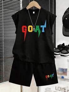 Tween Boys Colorful GOAT Letter Print Black Sleeveless T-Shirt + Shorts 2-Piece Sporty Loose Outfit - Black - View 1