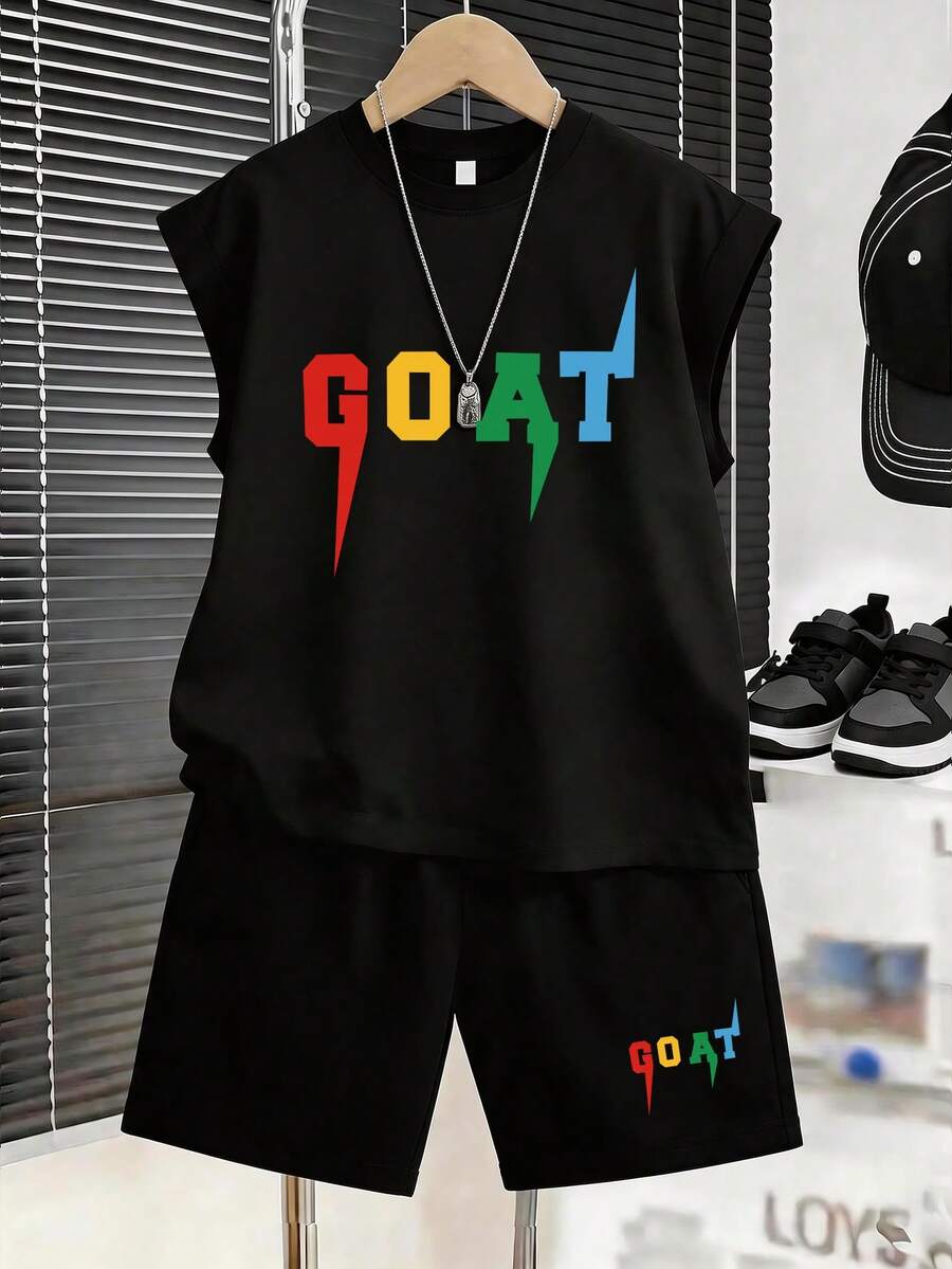 Tween Boys Colorful GOAT Letter Print Black Sleeveless T-Shirt + Shorts 2-Piece Sporty Loose Outfit - Black - View 1