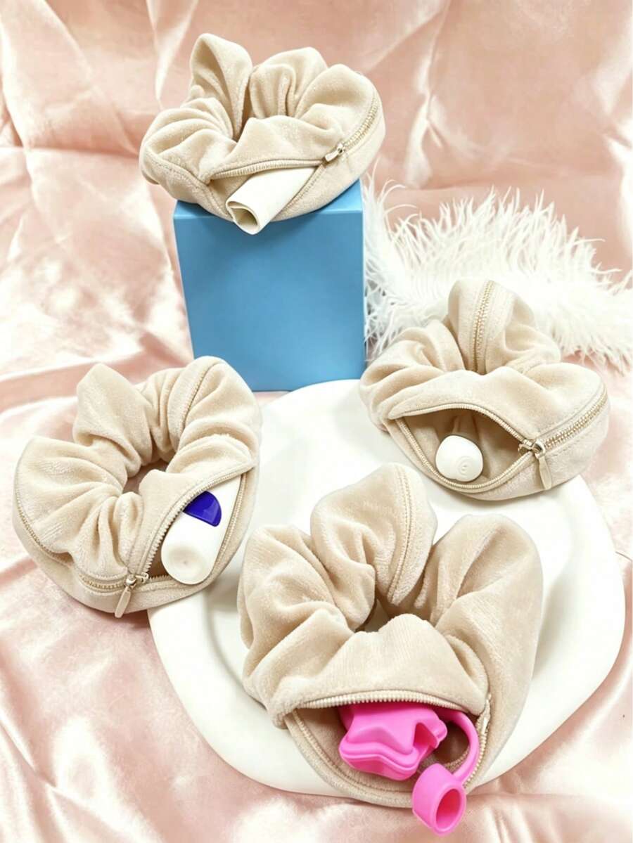 Fashionable Velvet Hair Scrunchie With Hidden Pocket, Multi-Functional Storage For Hair Accessories, Cash And Keys, Compact And Portable, Travel Essential - Multicolor - View 1
