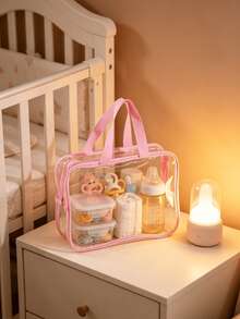 Transparent PVC Baby Storage Bag, Waterproof Portable Diaper Storage Bag With Pink Trim, Multi-Functional Parenting Tote Bag, Suitable For Diapers, Toys And Baby Toiletries - Storage - View 6