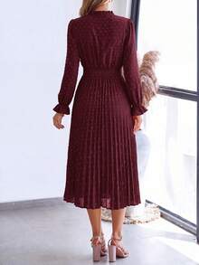 PRETTYGARDEN Women's Spring Fall Midi Dress Casual Long Sleeve V Neck Swiss Dot Pleated A Line Flowy Dresses New Years Party Valentine Vacation Dresses For Women - 深酒紅 - 查看 2