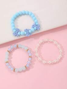 3pcs/Set Girls Cartoon Bow Colorful Beads Beaded Bracelet Set Combination Suitable For Daily Decoration - Multicolor - View 3
