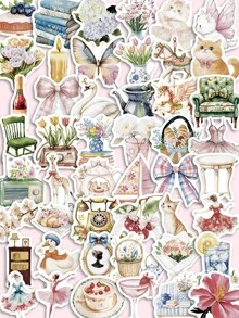 50 piezas de pegatinas de estilo campestre francés juguetón, calcomanías de gatos florales de acuarela y muebles vintage, adecuadas para decoración de cuadernos, relleno de bolsas de regalo y entusiastas de manualidades de estilo campestre, útiles escolares - 7*6*1 - Ver 9