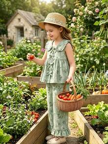 2pcs Baby Girl Fresh Peter Pan Collar Cardigan Vest & Long Pants Set, Thin Spring/Summer - Green - View 1