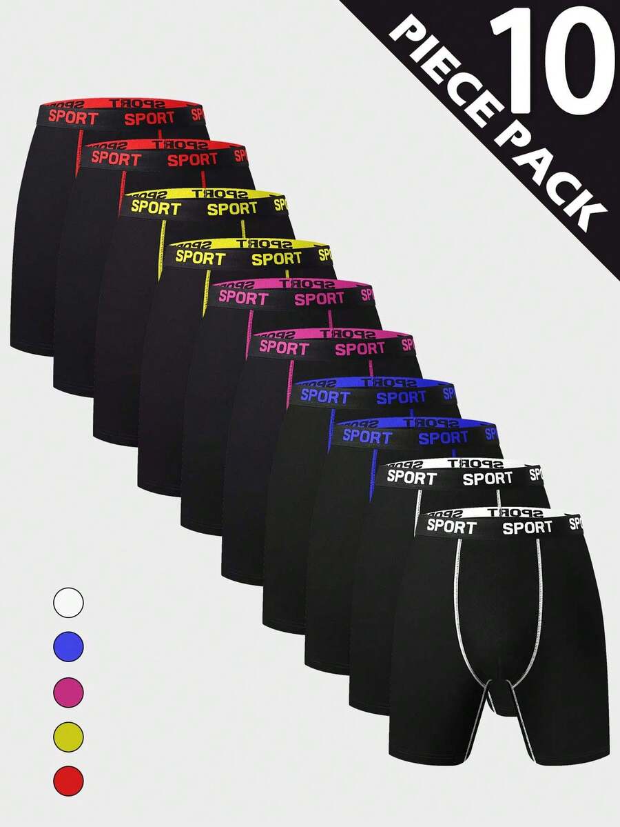 Men's 10-Pack Mixed Color Waistband Boxer Briefs, All-Black Style With "SPORT" Print