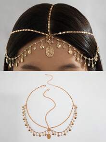 1pc Alloy Shell Tassel Rhinestone Hair Chain, Girls Party Gift Hair Accessory, Hand-Cut Chain, Custom Size, Random Shell & Rhinestone Quantity - Gold - View 2