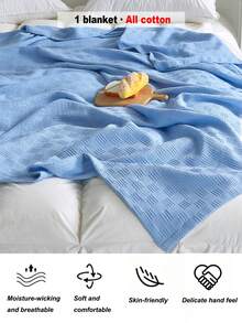 1pc Soft & Comfortable New Pure Cotton Knit Blanket - Ultra-Thin Breathable Design | All-Season Bedding | Ideal For Summer And Night Sweating | Modern Soft Texture Blanket | Easy Care Fabric | Machine Washable, Suitable For Bed, Sofa - Perfect For Relaxing And Cuddling - Blanket - Light Blue - View 2
