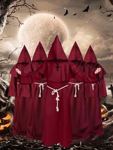 1pc Medieval Renaissance Style Long Robe Cloak, Halloween Monk Costume With Cross Necklace And Waist Rope - Red - View 5