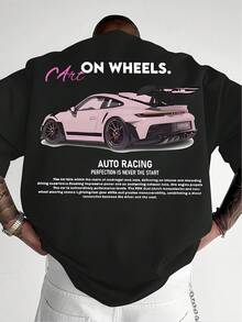 Men's Supercar Print T-Shirt, Casual Street Style, Round Neck, Loose Fit, Free Shipping, Family Matching Outfit For Adult And Children's Sizes, Men's - Black - View 7