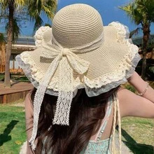 1件女款夏季蕾絲蝴蝶結草帽，優雅甜美風，寬邊防曬帽，適合海邊度假，夏季防曬帽、草帽，單件女款時尚草帽，中性款素色帽，戶外旅行用品，彩虹條紋草編水桶帽，夏季透氣顯臉小防曬帽，海灘時尚草帽禮物，適合日常穿搭 - A - 查看 5