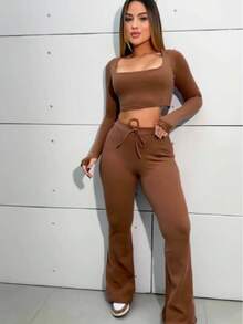 Conjunto Feminino Suplex Calça Flare e Blusa Manga Longa Moda Casual Elegante Confortável Inverno Outono Tamanho Único - Marrom - Visão 2