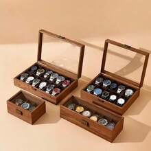 1pc Wood Grain Leather Watch Storage Box With Glass Top, Watch Collection Box, Bracelet Watch Display Box - Coffee Brown - View 1