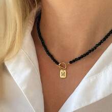 1pc Classic A-Z Initial Letter T-Bar Clasp Beaded Necklace, Women's - Black - View 1