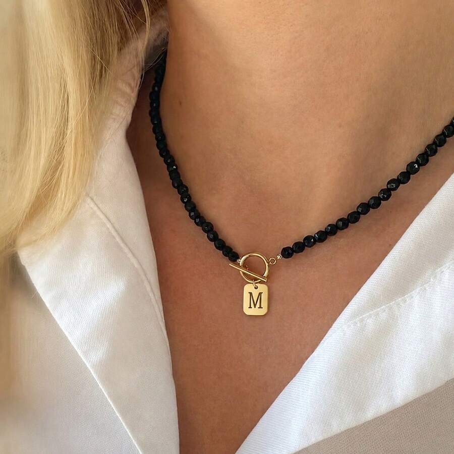 1pc Classic A-Z Initial Letter T-Bar Clasp Beaded Necklace, Women's - Black - View 1