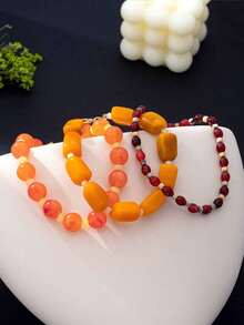 3pcs/Set Fashion Design Rose Orange Seed Bead Anklet, Unique Handmade Beaded Elastic Anklet For Women, Beach Vacation And Daily Wear - Orange Series - View 4