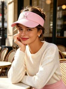 1 pieza Letras A-Z Opcionales! Visera con Bordado de Flores Rosas, Estilo Fresco para Niñas, Sombrero Dulce & Energético para Protección Solar Diaria/al Aire Libre - Rosa - Ver 3