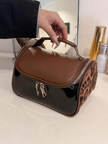 Vintage Leopard Print Patchwork Makeup Bag, Waterproof Transparent Toiletry Bag, Suede Leopard + Leather Patchwork Design, Paired With Transparent PVC Waterproof Wear-Resistant Double Zipper Closure Handbag, Can Store Skincare Products, Cosmetics, Suitable For Daily Storage, Short Trips, Lightweight Portable Storage Bag. - Brown - View 4
