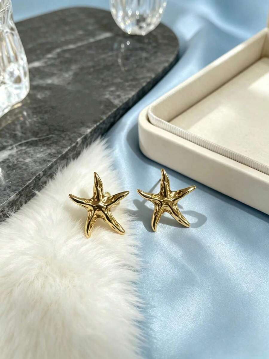 1對精緻時尚幾何海星耳環女款,百搭珠寶禮物,適合日常配戴與度假 - 金黃色 - 查看 1