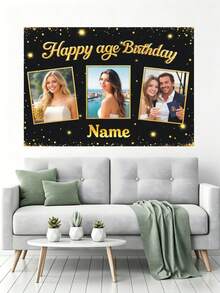 1pc Customizable Photo, Name, Year Black & Gold Glitter Happy Birthday Banner Background, Personalized Gold Glitter Birthday Party Name Decor, Suitable For Cake Table, Photography Backdrop, Vinyl Material - Black Gold - View 6