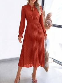 PRETTYGARDEN Women's Spring Fall Midi Dress Casual Long Sleeve V Neck Swiss Dot Pleated A Line Flowy Dresses New Years Party Valentine Vacation Dresses For Women - 磚紅色 - 查看 5