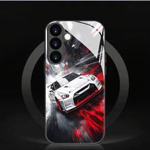 Red And White Racing Stripe Japanese Performance Coupe Tempered Glass Phone Case, Suitable For Track Racing, City Drives, And Car Enthusiast Gatherings. Features A Raised Lens Ring For Scratch And Impact Protection, TPU Soft Edges With Four-Corner Cushioning For Drop Protection, And A Glossy Back Panel That Is Fingerprint-Resistant And Easy To Clean. Ideal For JDM Modified Racing Car Enthusiasts, - Image 1 Pcs - View 1