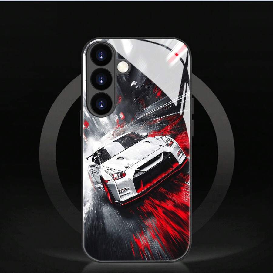 Red And White Racing Stripe Japanese Performance Coupe Tempered Glass Phone Case, Suitable For Track Racing, City Drives, And Car Enthusiast Gatherings. Features A Raised Lens Ring For Scratch And Impact Protection, TPU Soft Edges With Four-Corner Cushioning For Drop Protection, And A Glossy Back Panel That Is Fingerprint-Resistant And Easy To Clean. Ideal For JDM Modified Racing Car Enthusiasts, - Image 1 Pcs - View 1