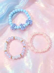 3pcs/Set Girls Cartoon Bow Colorful Beads Beaded Bracelet Set Combination Suitable For Daily Decoration - Multicolor - View 5