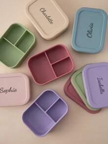 Personalized Silicone Bento Box, Customizable Name Portable Divided Lunch Box, Back To School Essential, Unisex, 3-Compartment Design, Convenient Meal Storage, Suitable For Work, Study And Outdoor Carry, Fashionable Back To School Gift, Travel Storage Box - Multicolor - View 4