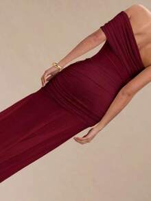Vestido largo, plisado, transparente y sexy de color albaricoque sólido para mujeres, vestidos de verano para mujeres - Burdeos - Ver 3