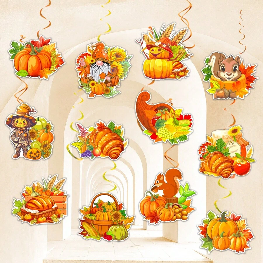 24pcs Thanksgiving Hanging Swirl Decorations 12pcs Pumpkin Maple Leaf Paper Cards 12pcs Orange&Yellow PVC Swirls Autumn Harvest Hanging Swirls Ceiling Decor For Fall Thanksgiving Party Home Decor - Multicolor - View 1