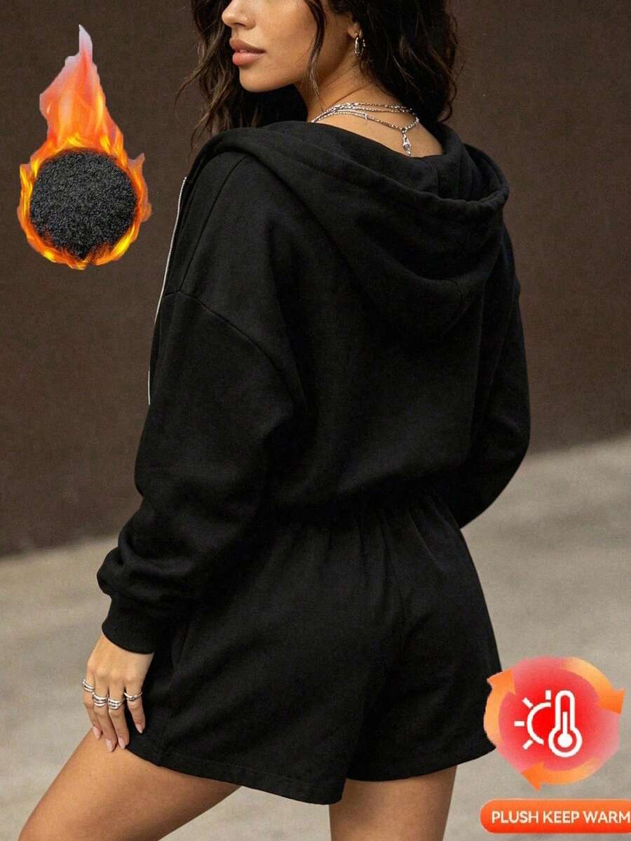 GEMCHO 女款休閒運動寬鬆版型拉鍊落肩抽繩連帽衛衣,附口袋,日常通勤,保暖舒適 - 秋冬 - 黑色 - 查看 1