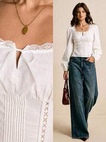 Blusa de mujer de unicolor con cuello cuadrado, mangas farol y entredós de encaje ajustada - Azul marino - Ver 2