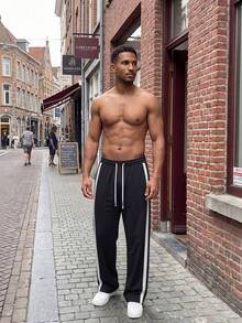 Plus Size Men's Side Contrast Stripe Sweatpants, Draped Straight Leg Wide Leg, Elastic Waist Drawstring Casual Sports Long Pants - Black - View 2