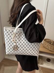 New Women's Tote Bag, Large Capacity All-Over Letter Print. Suitable For Commuting, School, Ample Space, Portable And Practical, Versatile Classic Casual And Business Casual Style. For Girls, Students And Professionals, Suitable For Work, Campus, Travel. Zipper Design, Fashionable And Beautiful. - White - View 4