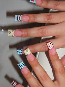Decorate Your Nails In Y2K Style! 24PCS Medium Square Shape Fashionable Fresh Pink & Blue Contrast Wide French Pattern Polka Dot Design Press-On Nails Y2K Hot Girl Style Colorful Striped Design 3D Metallic Steel Ball Burgundy Star Pattern Polka Dot Nails, Includes One Sheet Of Jelly Glue And One Nail File (Jelly Glue Sent Randomly), Suitable For Women And Girls To Use In Dating, Gatherings, Parties And Other Occasions - Multicolor - View 2