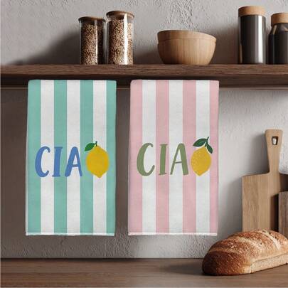 2pcs Striped Lemon Spanish Text Pattern Kitchen Towels, Rectangular Microfiber Kitchen Towels, Dish Cloths, Scouring Pads, Hand Towels, Cooking Baking Tea Towels, Kitchen Decor, Housewarming Gifts, Birthday Gifts, Bathroom Cleaning Wipes, Decorative Towels