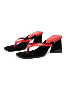 Mules à talons hauts d'été pour l'extérieur, bout carré vintage avec fente aux orteils, couleur contrastée rouge & noir, bride unique, talon épais moyen, bout ouvert, style élégant et polyvalent pour le trajet et les rendez-vous, confortable, effet amincissant et rehaussant - Noir et rouge - Voir 8