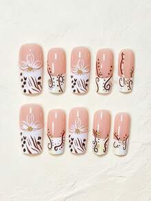 Elevate Your Style! 24PCS Medium Square Vintage Elegant Light Green Tie Dye Design Brown Leopard Print Y2K Style 3D Floral Design Press-On Nails Baddie Style Zebra Stripe French Pattern Brown Vine Line Polka Dot Design Luxury Metallic Steel Ball Pattern Fake Nails, Includes One Sheet Of Jelly Glue And One Nail File (Jelly Glue Randomly Shipped), Suitable For Women And Girls For Daily, Date, Vacation And Other Occasions - Multicolor - View 4
