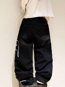 Hearty Haven 1件美式街頭風刺繡男士寬鬆寬腿牛仔長褲，舒適四季百搭，不含腰帶與配件 - 黑色 - 查看 7