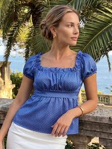 Women Summer Blouses Casual Stylish Dotted Pattern Ruffled Trim Slim Fit Shirts Square Neck Bubble Short Sleeve Tops - Deep Sky Blue - View 4