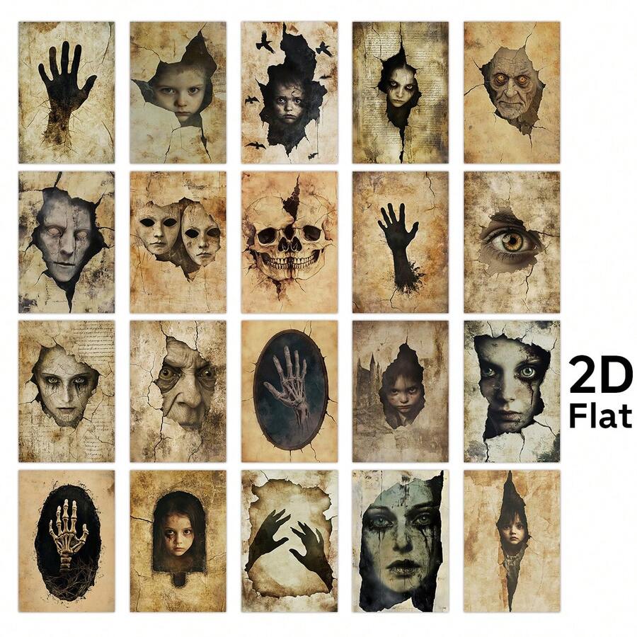 20pcs Halloween Horror Room Decor Postcards, Scary Ghost Face Wall Collage Kit For Home Bedroom Decor, Vintage Creepy Halloween Party Decorations, Perfect For Scrapbooking & Crafting - A - View 1