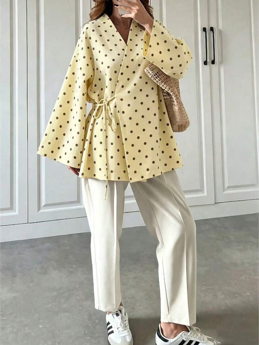 Ladies' Autumn Elegant Polka Dot Belt Long Sleeved Jacket Suitable For All Seasons - Yellow Polka Dots - View 1