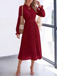 PRETTYGARDEN Women's Spring Fall Midi Dress Casual Long Sleeve V Neck Swiss Dot Pleated A Line Flowy Dresses New Years Party Valentine Vacation Dresses For Women - 酒紅 - 查看 3