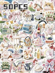 50 piezas de pegatinas de estilo campestre francés juguetón, calcomanías de gatos florales de acuarela y muebles vintage, adecuadas para decoración de cuadernos, relleno de bolsas de regalo y entusiastas de manualidades de estilo campestre, útiles escolares - 7*6*1 - Ver 7