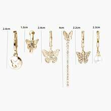 Multi-Style Stackable Earring Set 6 Pieces Rhinestone Butterfly Pearl Hoop Earrings Jewelry Gift For Women Girls Birthday Present - Gold - View 9
