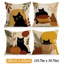 4 pièces/1 pièce Taie d'oreiller motif chat noir d'automne sans insert, taie d'oreiller imprimée sur un seul côté, convient pour le salon, la chambre, la décoration de la maison, taie d'oreiller toutes saisons - Multicolore - Voir 12