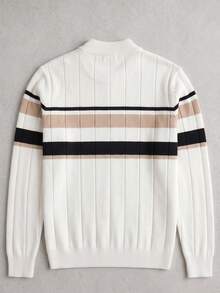 Men's Knitted Apricot & Black Striped Sweater - White - View 4