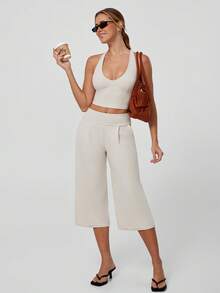 TimeOff Women's One Set Solid Color V-Neck Cropped Tank Top With Side Pockets And Pleated Waist Wide Leg Mid-Length Pants Sports Set - Apricot - View 9